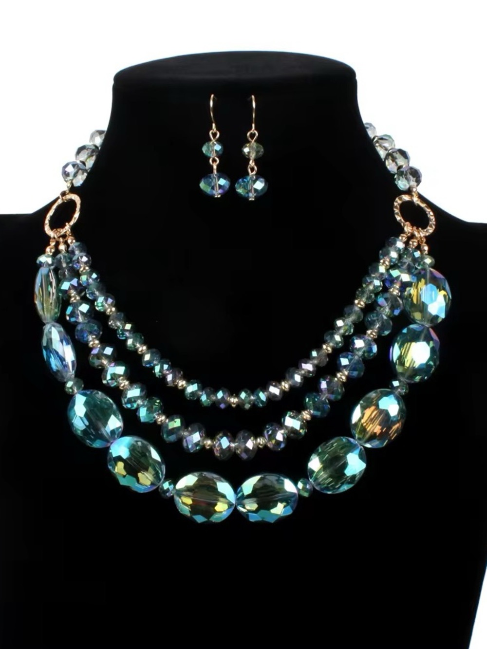 Aurora Bluish green Crystal Multi-Strand Statement Necklace and Earrings Set